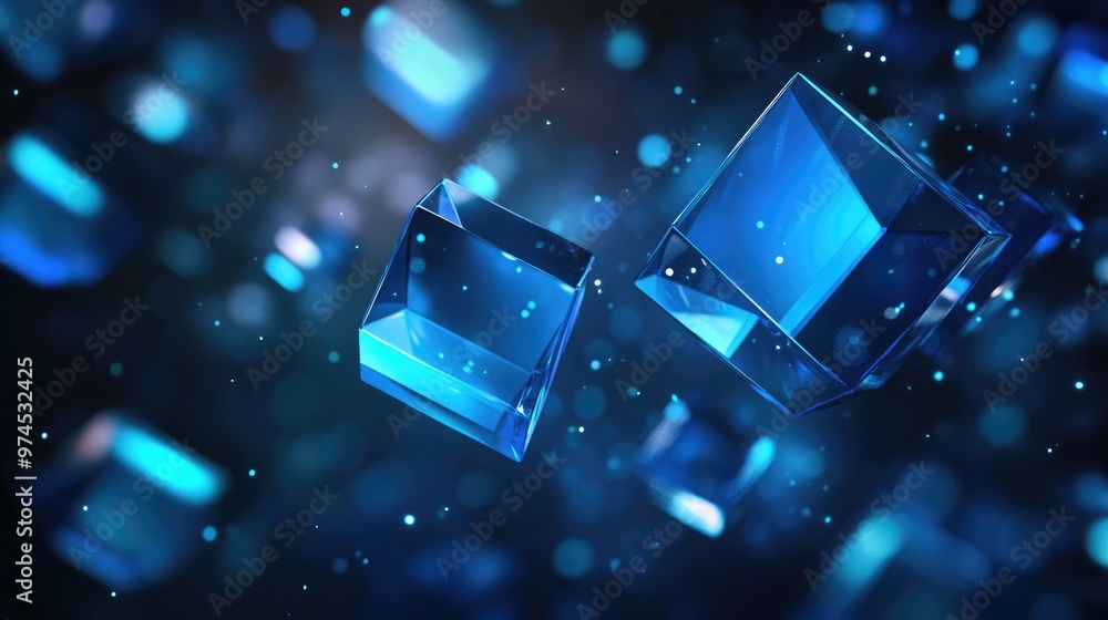 Poster abstract 3d geometric shapes in shades of blue, floating in a space-like dark background with soft g
