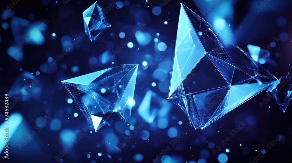 Poster abstract 3d geometric shapes in shades of blue, floating in a space-like dark background with soft g