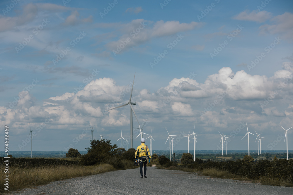 Aufkleber Man engineers holding tools box and rope to maintenance working in wind turbine. Renewable energy power wind turbine. Technology protect environment reduce global warming problems.