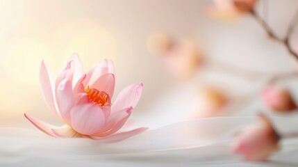 Fototapeta premium Delicate pink lotus blossom resting on soft white fabric, gentle light highlighting its petals and creating a serene, tranquil atmosphere among subtle floral hints.