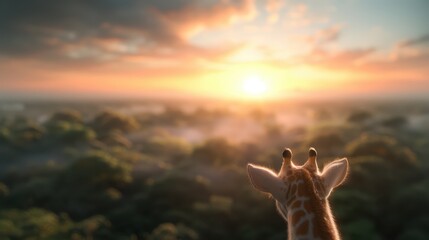 Giraffe at Sunrise, a serene giraffe observes a stunning sunrise over a lush forest, highlighting the beauty of nature and the peaceful coexistence of wildlife.