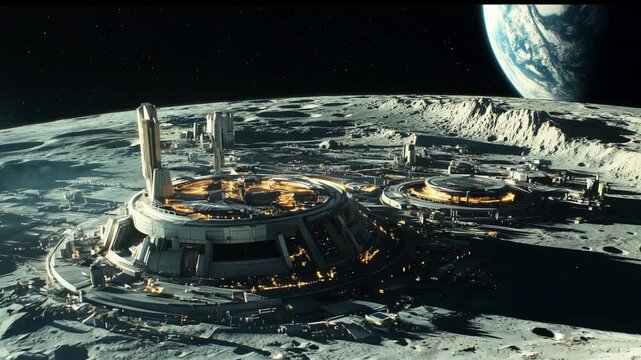 An impressive Lunar Base Habitat with the beautiful Earth in the background