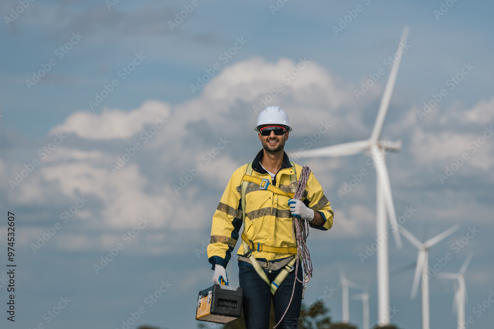 Poster Man engineers holding tools box and rope to maintenance working in wind turbine. Renewable energy power wind turbine. Technology protect environment reduce global warming problems.