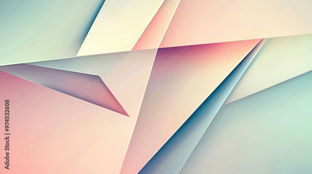 Poster abstract geometric background with overlapping triangles in pastel shades, creating a dynamic, moder