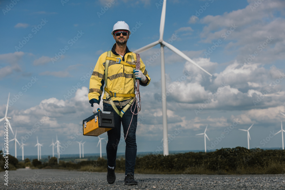 Leinwandbilder Man engineers holding tools box and rope to maintenance working in wind turbine. Renewable energy power wind turbine. Technology protect environment reduce global warming problems.