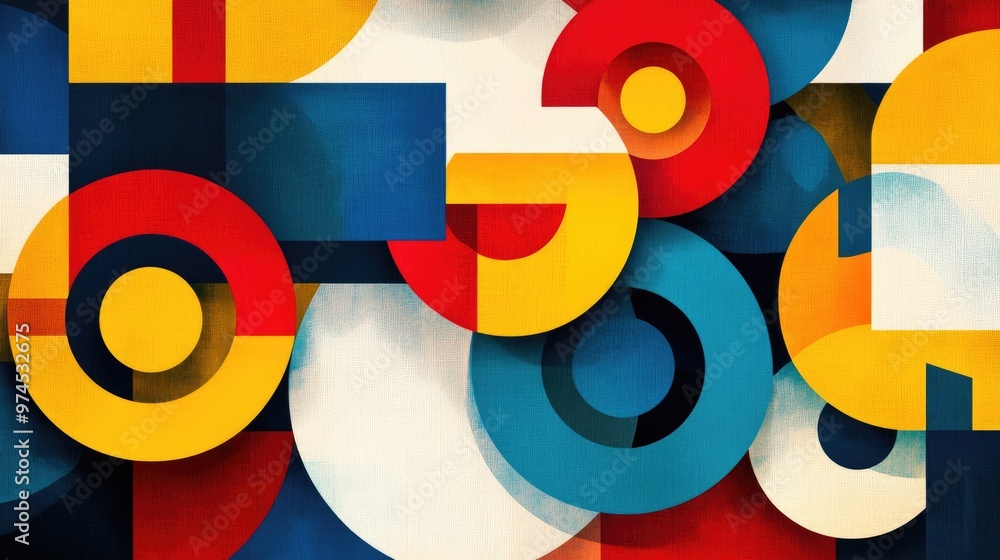 Poster abstract geometric background with overlapping circles and squares in bold primary colors, creating 