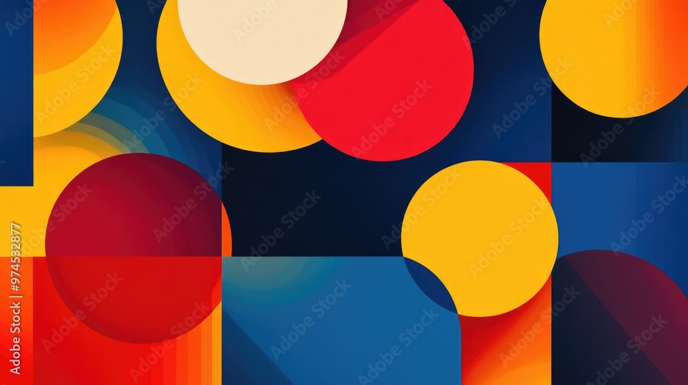Poster abstract geometric background with overlapping circles and squares in bold primary colors, creating 