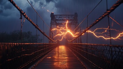 Obraz premium A dramatic lightning storm illuminates an old suspension bridge at night with vibrant flashes and eerie atmosphere