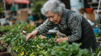 Fototapeta premium An elderly woman tending to a community garden, showcasing sustainable living and urban agriculture.