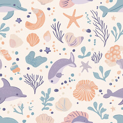 Charming underwater pattern with dolphins, seashells, and starfish on a light background