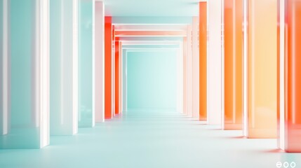 Futuristic corridor with vibrant color panels, illuminated by soft light, creating an ethereal atmosphere that invites exploration and wonder.