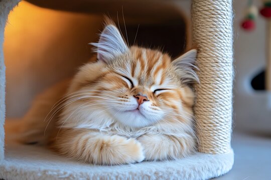 A Persian cat curled up in a cozy corner, purring softly while its plush fur blankets it in warmth