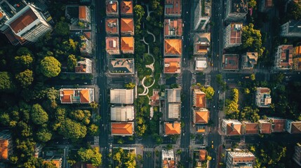 Fototapeta premium Aerial view of a city block with geometric patterns formed by streets, buildings, and green spaces