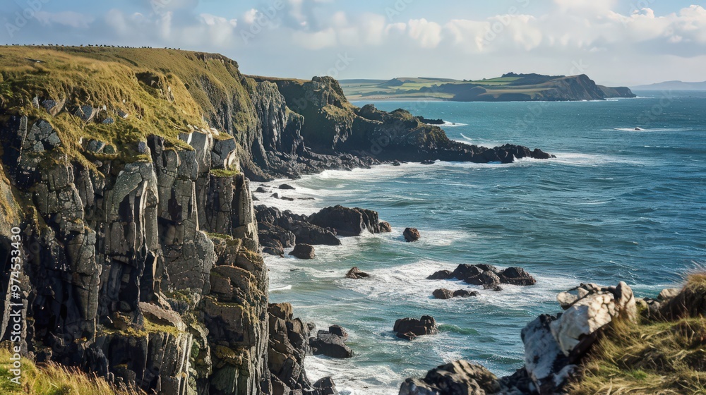 Poster the rugged coastline features dramatic rock formations and a tempestuous sea, with dynamic waves and
