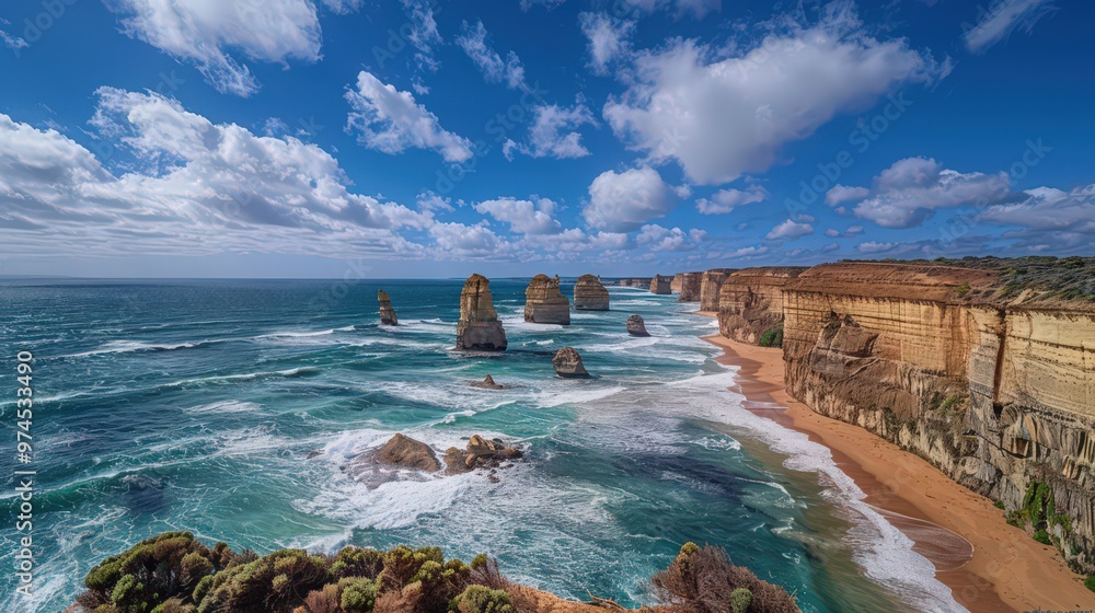 Poster the rugged coastline features dramatic rock formations and a tempestuous sea, with dynamic waves and