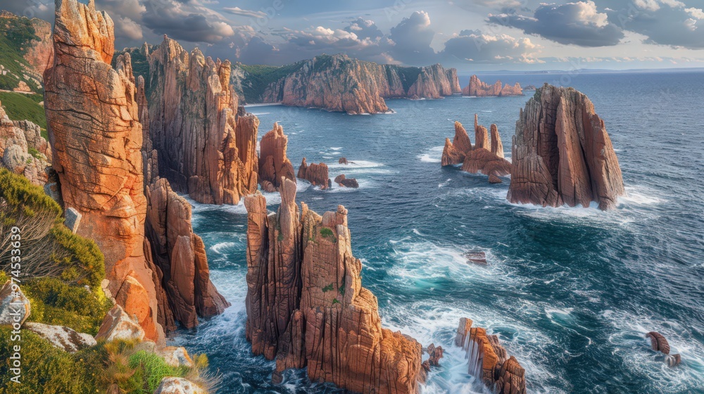 Poster the rugged coastline features dramatic rock formations and a tempestuous sea, with dynamic waves and