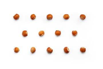 Background from hazelnut in shell. Isolated on white background. Flat lay, top view