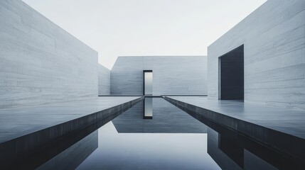 A minimalist architectural space featuring water reflections and clean lines.