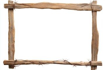 A rustic wooden frame with barbed wire detailing, Western-inspired, isolated on white background