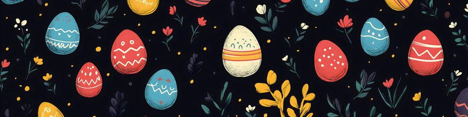 Easter 2D Vector Pattern elements Easter theme featuring repeating elements like Easter eggs bunnies flowers and baskets