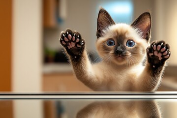 A Siamese kitten pawing at a mirror, its reflection capturing its curiosity and lively spirit