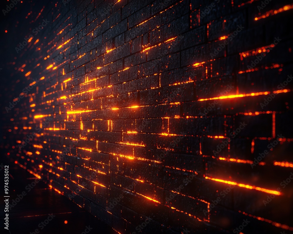 Aufkleber a dynamic abstract image of illuminated bricks glowing with fiery orange light against a dark backgr