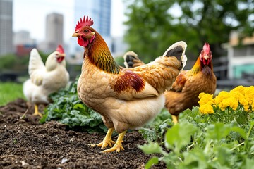 Fototapeta premium A backyard urban farm with chickens, bees, and a variety of homegrown vegetables