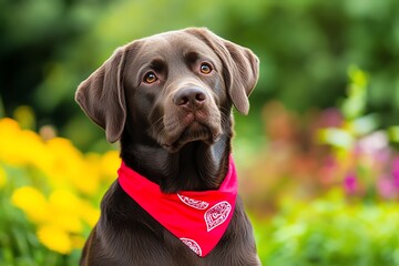 A chocolate Labrador Retriever sitting patiently while wearing a bright red bandana