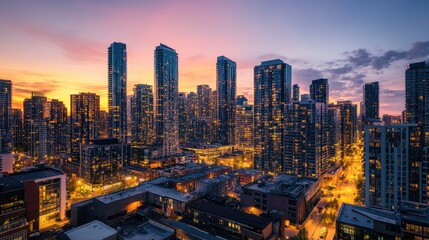 Contemporary city skyline at dusk with illuminated buildings, unique architectural styles, and a vibrant atmosphere