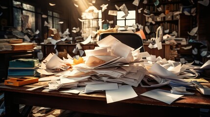 disarray pile of papers on desk