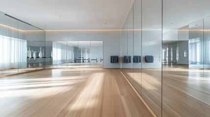 Contemporary dance studio with mirrored walls, wooden floors, and minimalist decor, creating an inspiring space