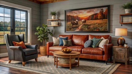 Farmhouse interior design of modern living room, home. Classic chair and sofa against wall with poster frame.
