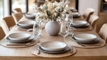Fototapeta premium Contemporary dining table setting with stylish tableware, neutral tones, and creative centerpiece design