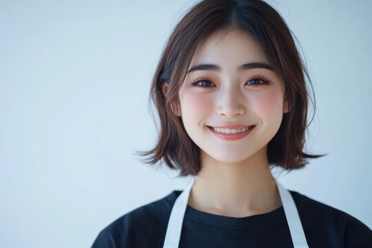 young women in work uniforms and aprons, highlighting their warm smiles and approachable demeanor, perfect for hospitality or service industry promotions.