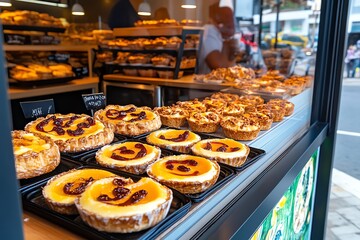 A classic Portuguese bakery window displaying a selection of delicious pastÃ©is de nata