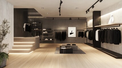 Contemporary fashion boutique with minimalist interiors, unique clothing racks, and modern decor elements