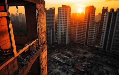 A stunning sunset view from an abandoned building, revealing a contrasting urban skyline filled with modern high-rises.