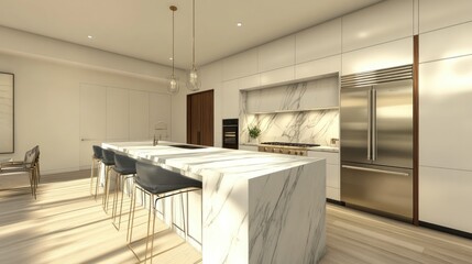 Fototapeta premium Contemporary kitchen design featuring a marble island, minimalist cabinetry, and stainless steel appliances