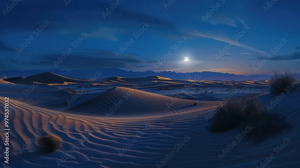 Canvas Prints The serene desert landscape showcases a peaceful, moonlit night with soft, glowing light illuminating the undulating sand dunes and casting long,