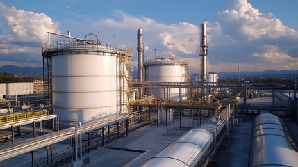 Obraz premium Sunset over an industrial oil storage facility surrounded by pipes and tanks, capturing the essence of energy production and wildlife harmony