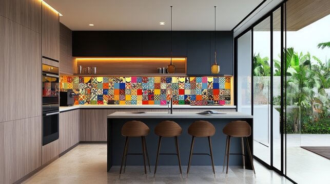 Contemporary open-plan kitchen with sleek cabinets, an island with bar stools, and a vibrant backsplash