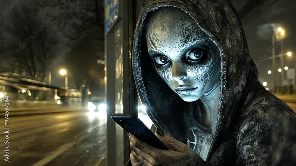 Aufkleber alien figure using a cellphone at night in an urban setting generative ai