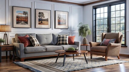 Farmhouse interior design of modern living room, home. Classic chair and sofa against wall with poster frame.

