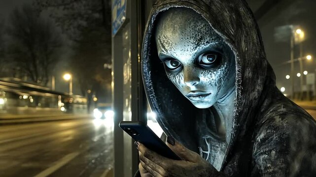 Alien Figure Using a Cellphone at Night in an Urban Setting Generative AI