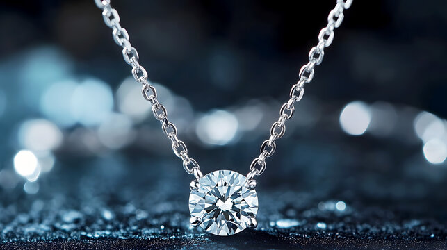 diamond necklace with a solitaire stone suspended from a chain, perfect for an elegant