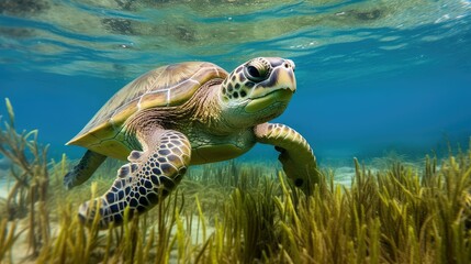 Fototapeta premium feeding green sea turtle underwater