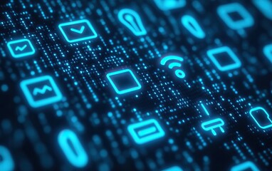 Abstract digital background featuring glowing blue icons and data streams, ideal for technology and communication themes.