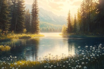 Obraz premium Serene lake surrounded by lush trees and vibrant flowers. This landscape captures the beauty of nature and tranquility. Perfect for nature lovers and relaxation. Generative AI