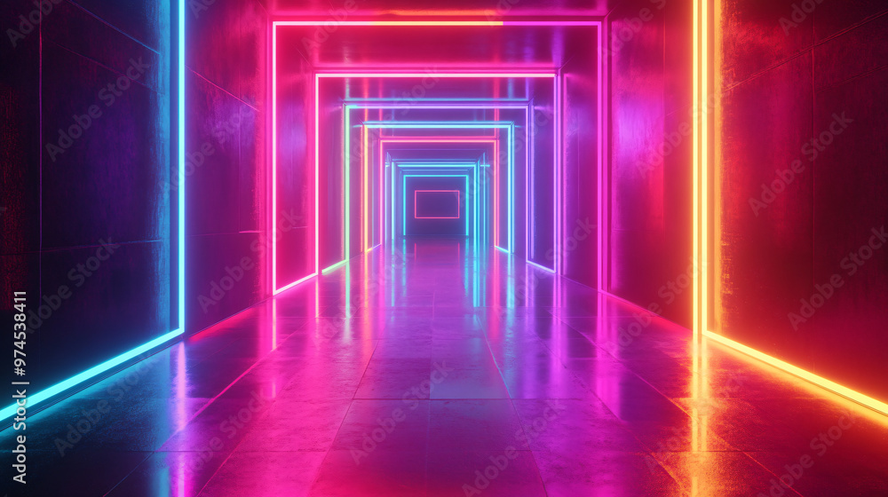 Poster the futuristic tunnel illuminated by vibrant neon lights in a repeating design, evoking a feeling of