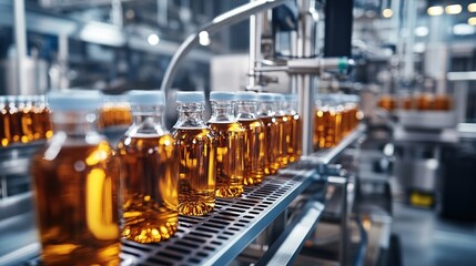 Naklejka premium Bottles filled with amber liquid moving along a production line in a modern manufacturing facility during daylight hours